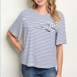 White + blue short sleeve striped tunic top